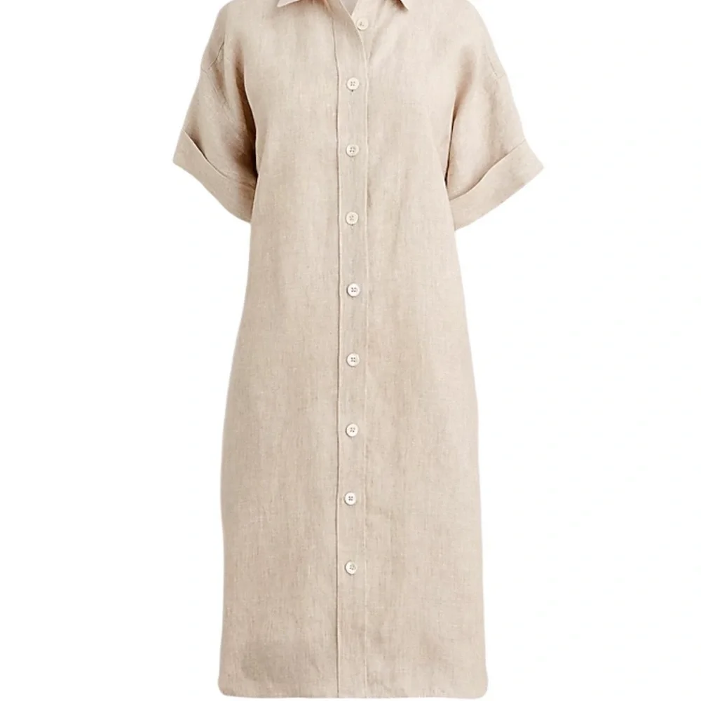 Button-Front Tie Waist Linen Dress in Light Beige